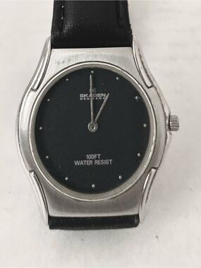 Skagen Unisex Quartz Silver Case Black Dial Watch with Black Leather Strap